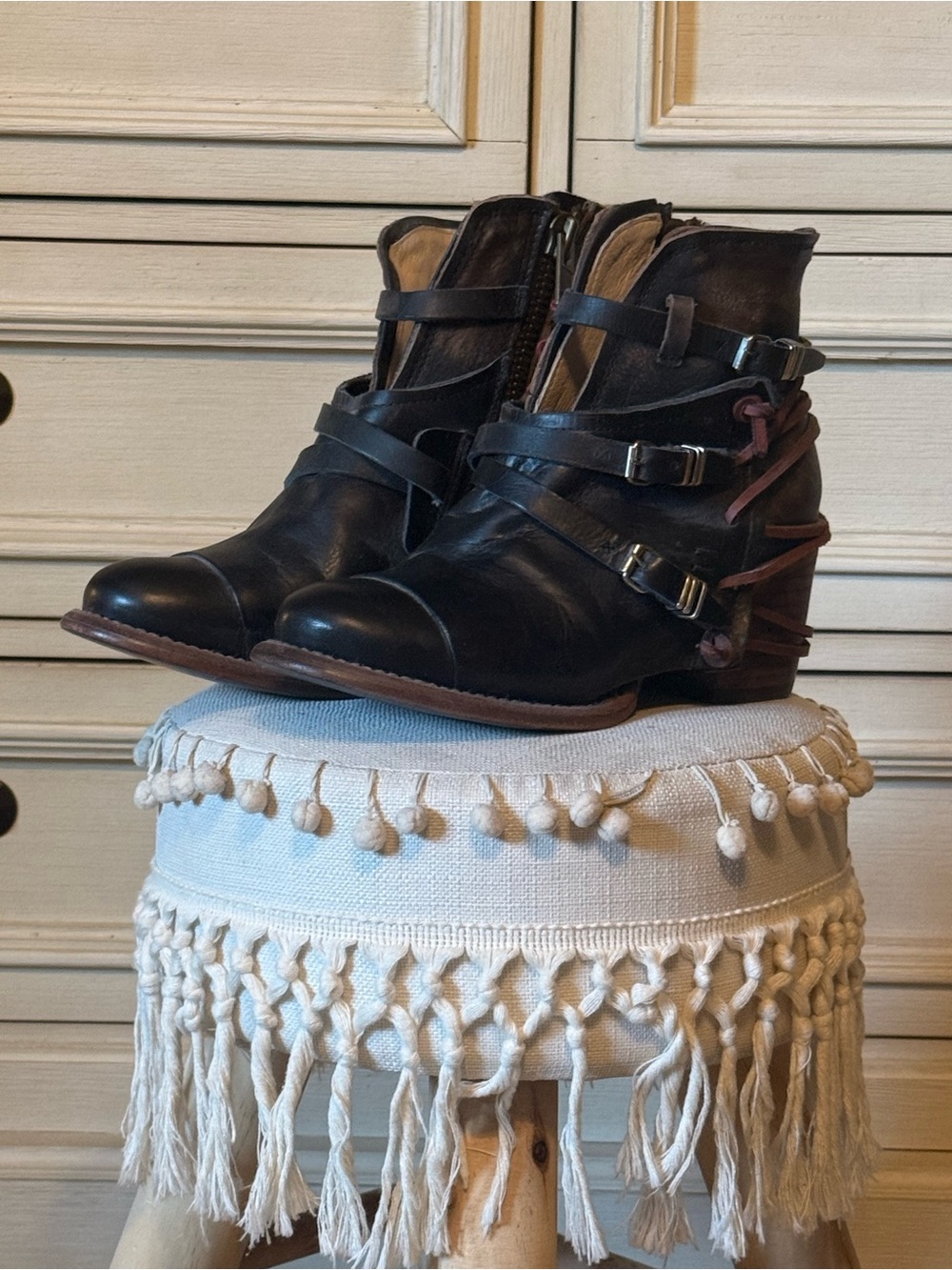 Freebird Women's Black Leather Ankle Boots with Buckle Straps